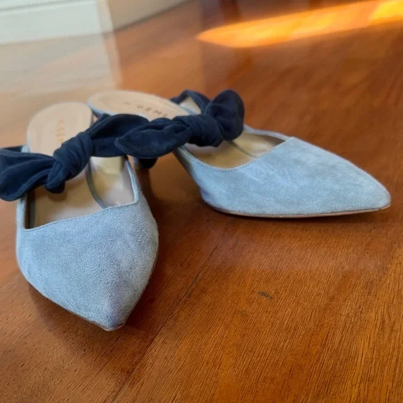 M. Gemi Pointed Suede Knot-Top Mules in Multi-Blues and Light Beige - Picture 8 of 9